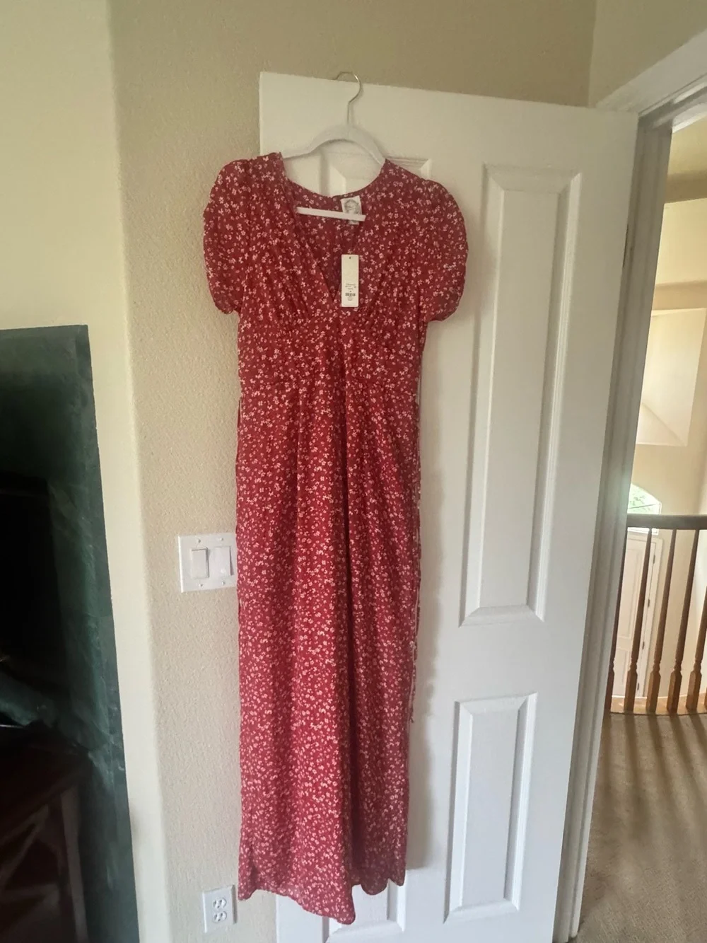 Red Floral Maxi Dress for youth girls - Elastic Waist & Puff Sleeves